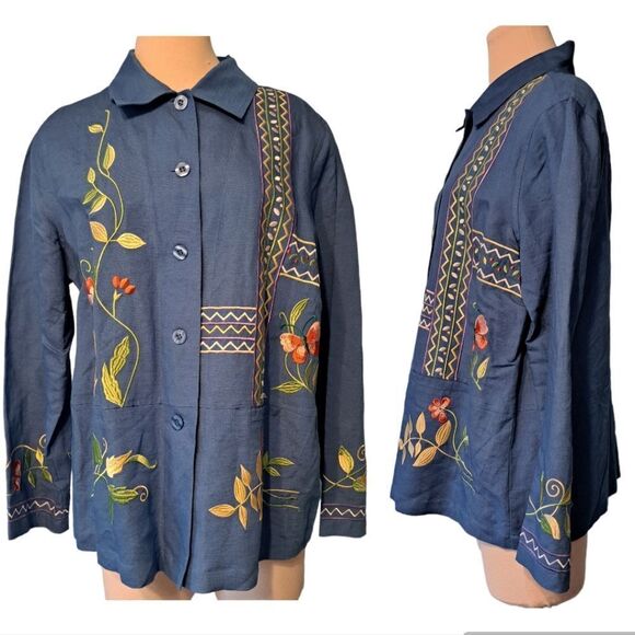 Susan Graver Grannycore Embroidered Linen Floral Butterfly Top Medium Blue/Multi - Picture 3 of 15